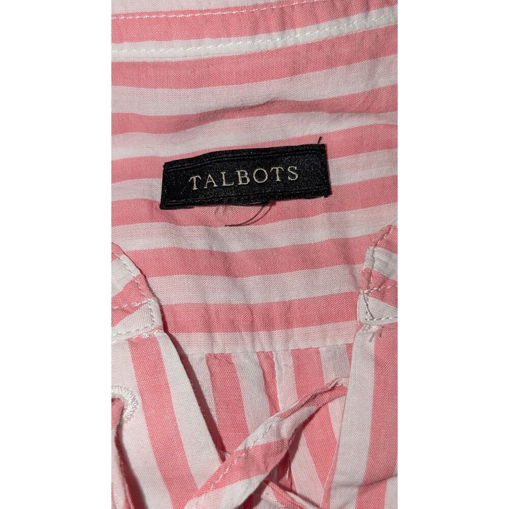 Talbots Striped Blouse Pink White Lace-Up Neck Button Tab Long Sleeve Top Medium - Picture 5 of 5
